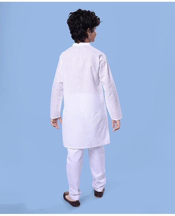 Pine Kids Cotton Woven Full Sleeves Kurta Pyjama Set with Floral Chikankari Work - White