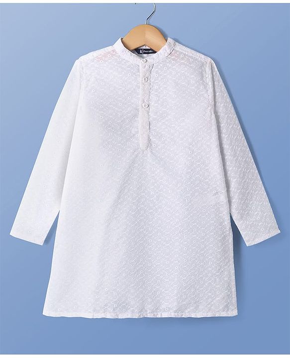 Pine Kids Cotton Woven Full Sleeves Kurta Pyjama Set with Floral Chikankari Work - White