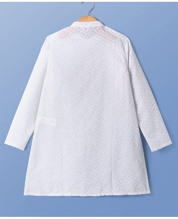 Pine Kids Cotton Woven Full Sleeves Kurta Pyjama Set with Floral Chikankari Work - White