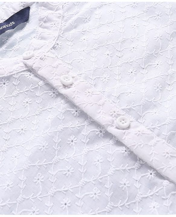 Pine Kids Cotton Woven Full Sleeves Kurta Pyjama Set with Floral Chikankari Work - White