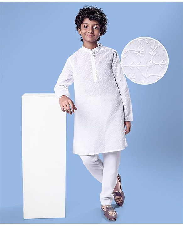 Pine Kids Cotton Woven Full Sleeves Kurta Pyjama Set with Floral Chikankari Work - White