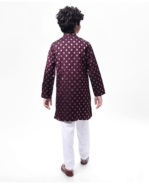 Pine Kids Full Sleeves Woven Kurta Pyjama Set with Floral Embroidery - Wine
