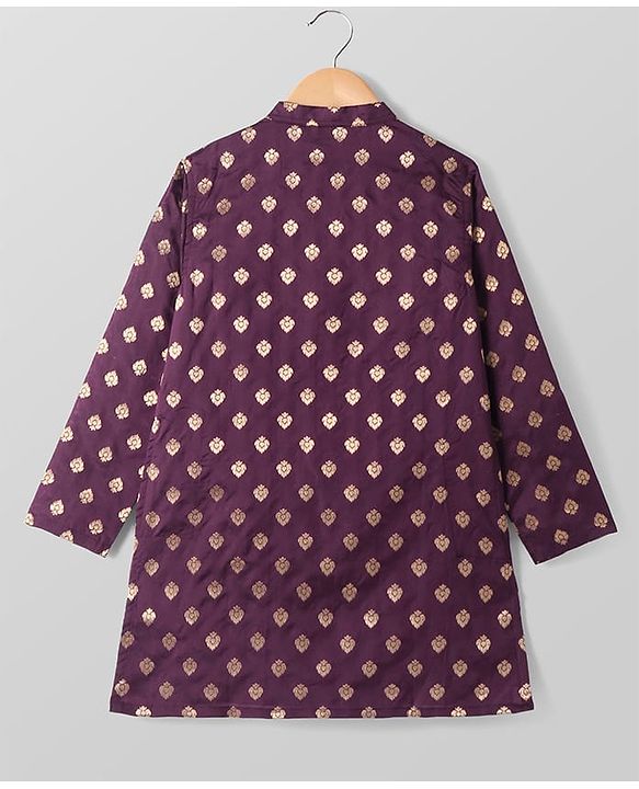 Pine Kids Full Sleeves Woven Kurta Pyjama Set with Floral Embroidery - Wine
