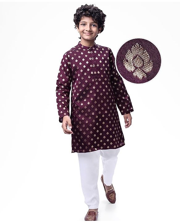 Pine Kids Full Sleeves Woven Kurta Pyjama Set with Floral Embroidery - Wine