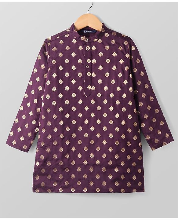 Pine Kids Full Sleeves Woven Kurta Pyjama Set with Floral Embroidery - Wine