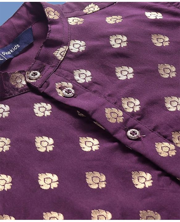 Pine Kids Full Sleeves Woven Kurta Pyjama Set with Floral Embroidery - Wine