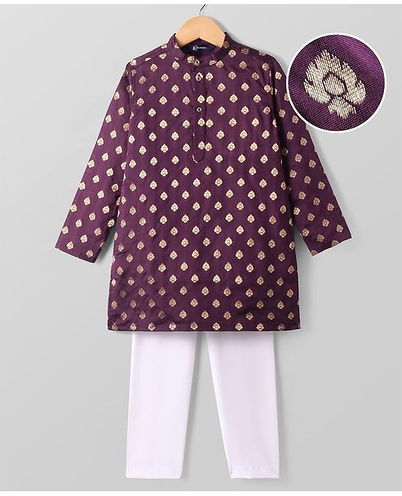 Pine Kids Full Sleeves Woven Kurta Pyjama Set with Floral Embroidery - Wine