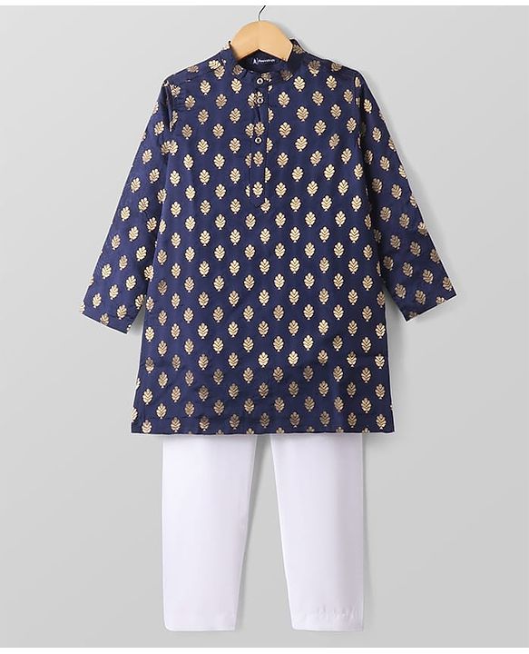 Pine Kids Full Sleeves Woven Kurta Pyjama Set with Floral Embroidery - Navy Blue