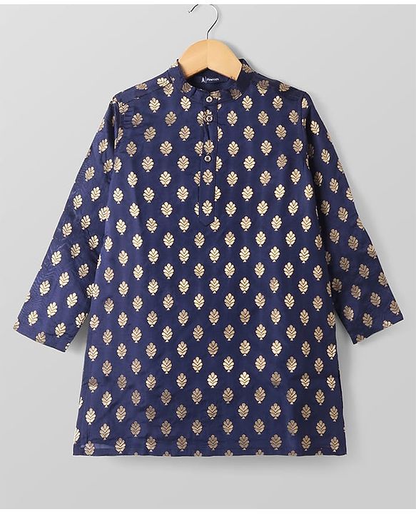 Pine Kids Full Sleeves Woven Kurta Pyjama Set with Floral Embroidery - Navy Blue