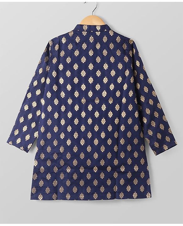 Pine Kids Full Sleeves Woven Kurta Pyjama Set with Floral Embroidery - Navy Blue