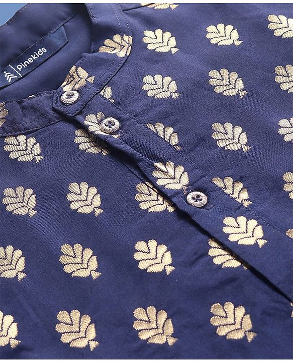 Pine Kids Full Sleeves Woven Kurta Pyjama Set with Floral Embroidery - Navy Blue