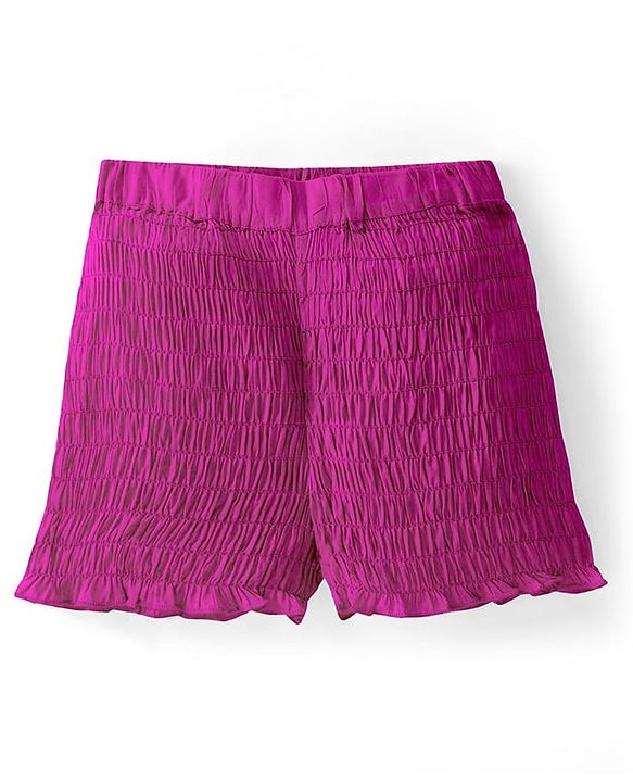 Pine Kids Cotton Woven Singlet Sleeves Top & Shorts Set with Smocking Detailing - Dark Pink