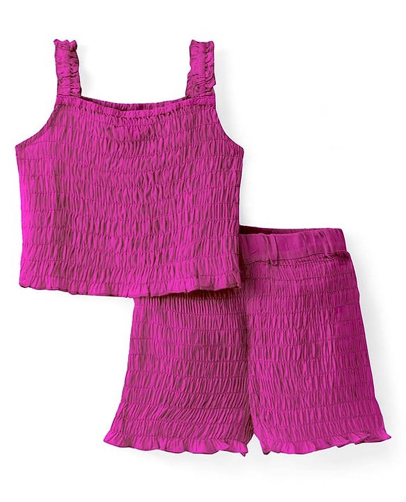 Pine Kids Cotton Woven Singlet Sleeves Top & Shorts Set with Smocking Detailing - Dark Pink