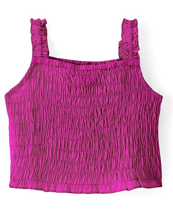 Pine Kids Cotton Woven Singlet Sleeves Top & Shorts Set with Smocking Detailing - Dark Pink