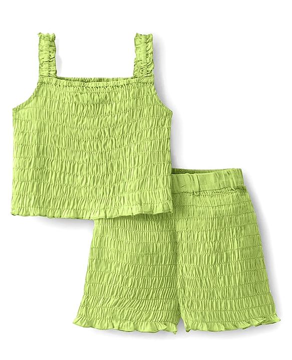 Pine Kids Cotton Woven Singlet Sleeves Smocked Top & Shorts Set - Light Green