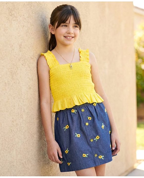 Pine Kids Cotton Woven Sleeveless Top & Skirt Set With Floral Embroidery - Yellow & Navy Blue