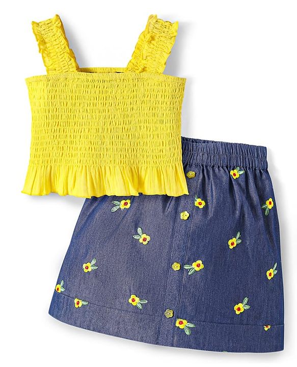 Pine Kids Cotton Woven Sleeveless Top & Skirt Set With Floral Embroidery - Yellow & Navy Blue