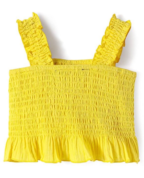 Pine Kids Cotton Woven Sleeveless Top & Skirt Set With Floral Embroidery - Yellow & Navy Blue