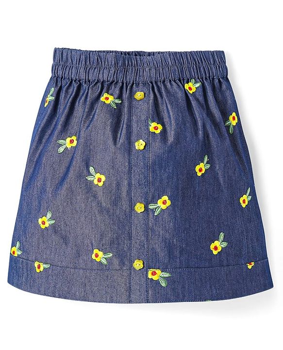 Pine Kids Cotton Woven Sleeveless Top & Skirt Set With Floral Embroidery - Yellow & Navy Blue