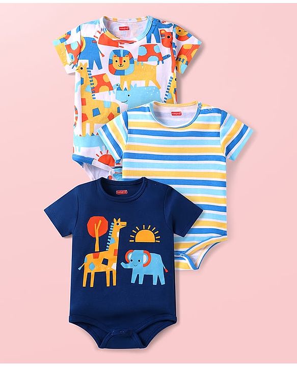 Babyhug 100% Cotton Knit Half Sleeves Onesies With Animal Print Pack of 3 - Navy Blue & White