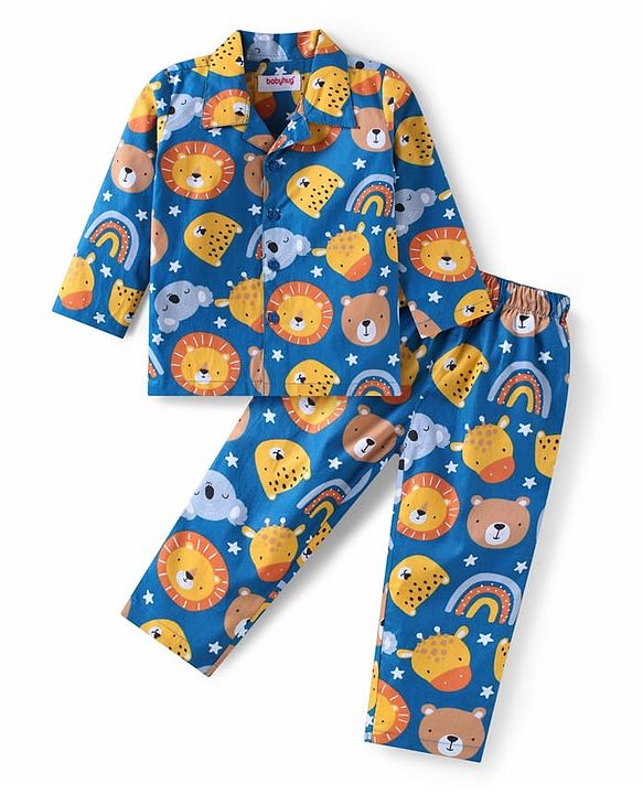 Babyhug Cotton Woven Full Sleeves Night Suit With Animal Print - Blue