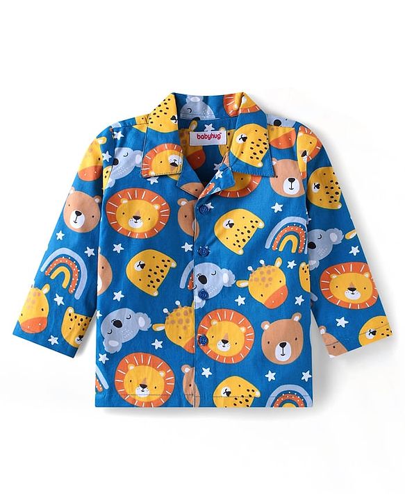 Babyhug Cotton Woven Full Sleeves Night Suit With Animal Print - Blue