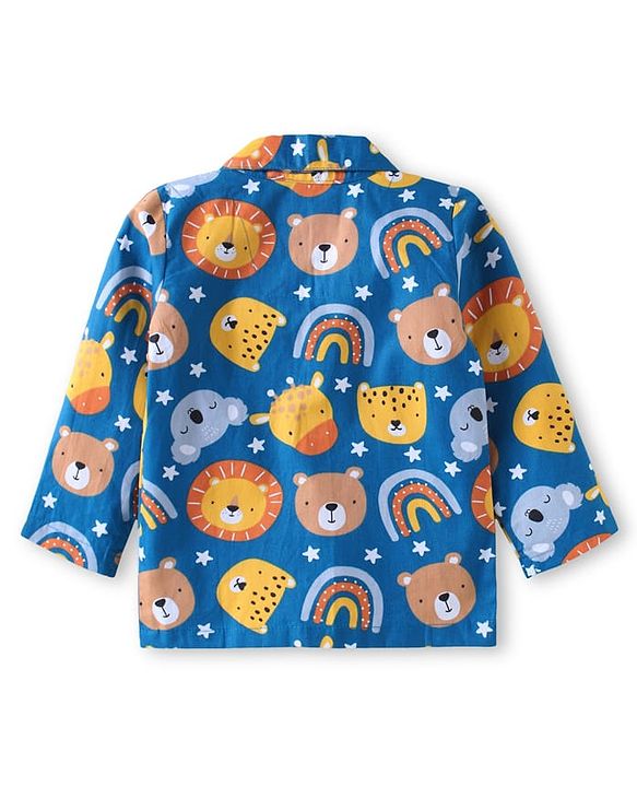 Babyhug Cotton Woven Full Sleeves Night Suit With Animal Print - Blue