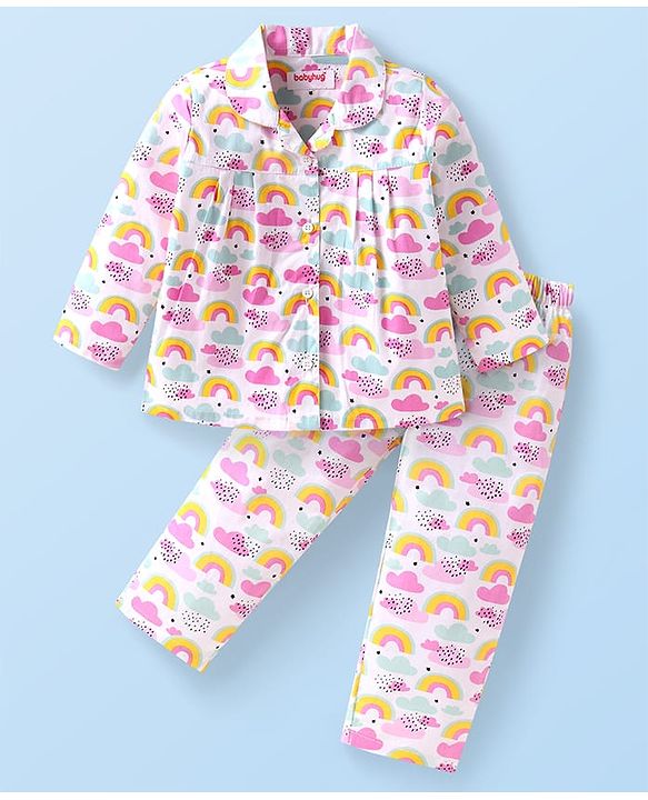 Babyhug Cotton Knit Full Sleeves Front Open Night Suit with Clouds Print - White