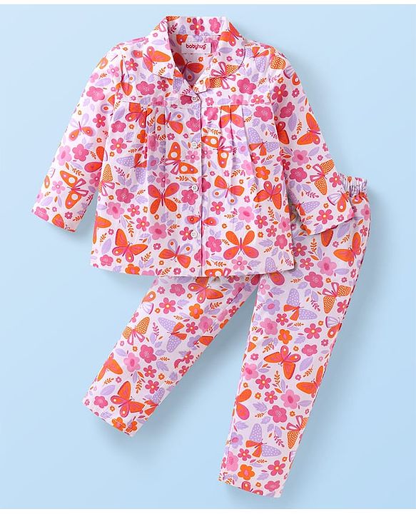 Babyhug Cotton Knit Full Sleeves Front Open Night Suit with Floral & Butterfly Print - White