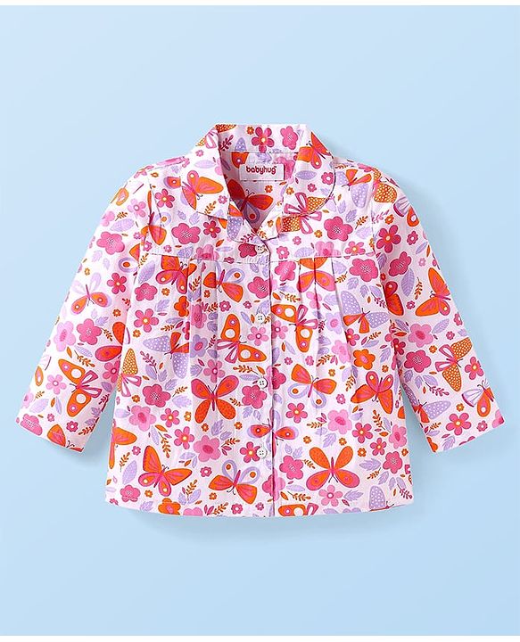 Babyhug Cotton Knit Full Sleeves Front Open Night Suit with Floral & Butterfly Print - White