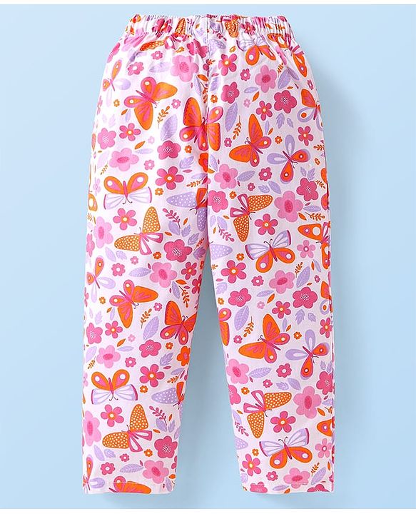 Babyhug Cotton Knit Full Sleeves Front Open Night Suit with Floral & Butterfly Print - White