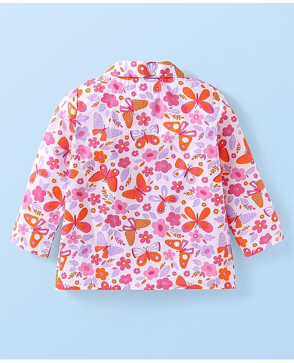 Babyhug Cotton Knit Full Sleeves Front Open Night Suit with Floral & Butterfly Print - White