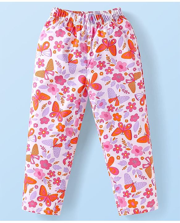 Babyhug Cotton Knit Full Sleeves Front Open Night Suit with Floral & Butterfly Print - White