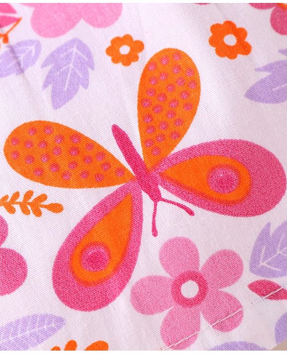 Babyhug Cotton Knit Full Sleeves Front Open Night Suit with Floral & Butterfly Print - White