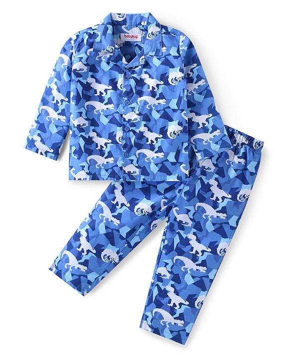 Babyhug Cotton Woven Full Sleeves Front Open Collar Neck Night Suit with Dino Print - Blue