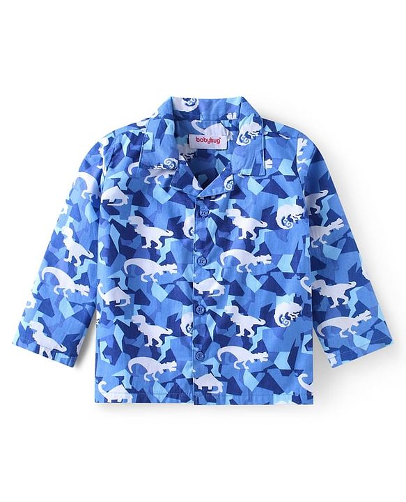 Babyhug Cotton Woven Full Sleeves Front Open Collar Neck Night Suit with Dino Print - Blue