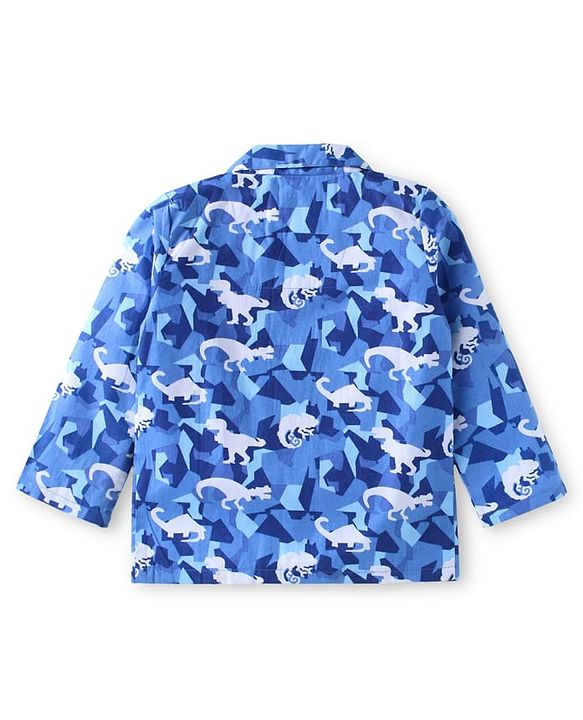 Babyhug Cotton Woven Full Sleeves Front Open Collar Neck Night Suit with Dino Print - Blue