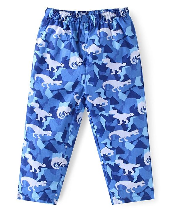 Babyhug Cotton Woven Full Sleeves Front Open Collar Neck Night Suit with Dino Print - Blue