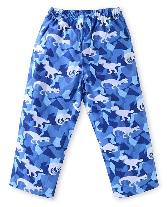 Babyhug Cotton Woven Full Sleeves Front Open Collar Neck Night Suit with Dino Print - Blue