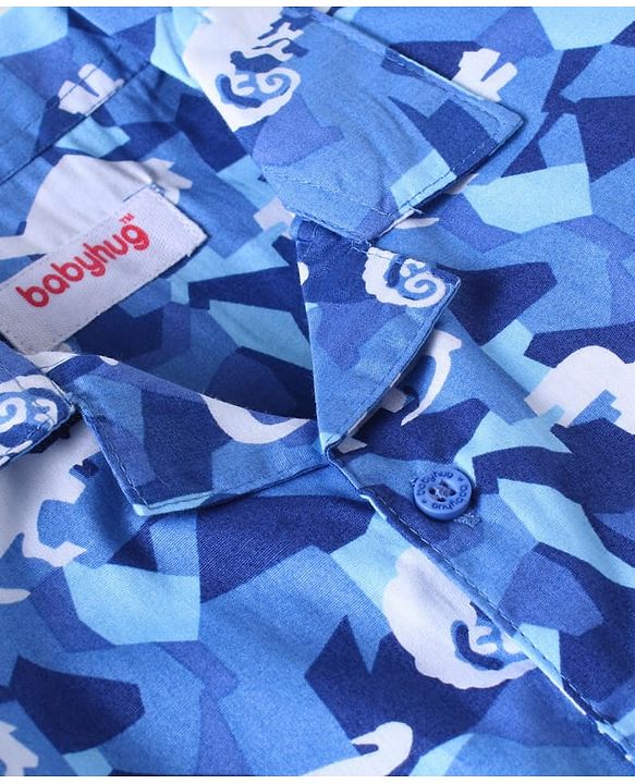 Babyhug Cotton Woven Full Sleeves Front Open Collar Neck Night Suit with Dino Print - Blue