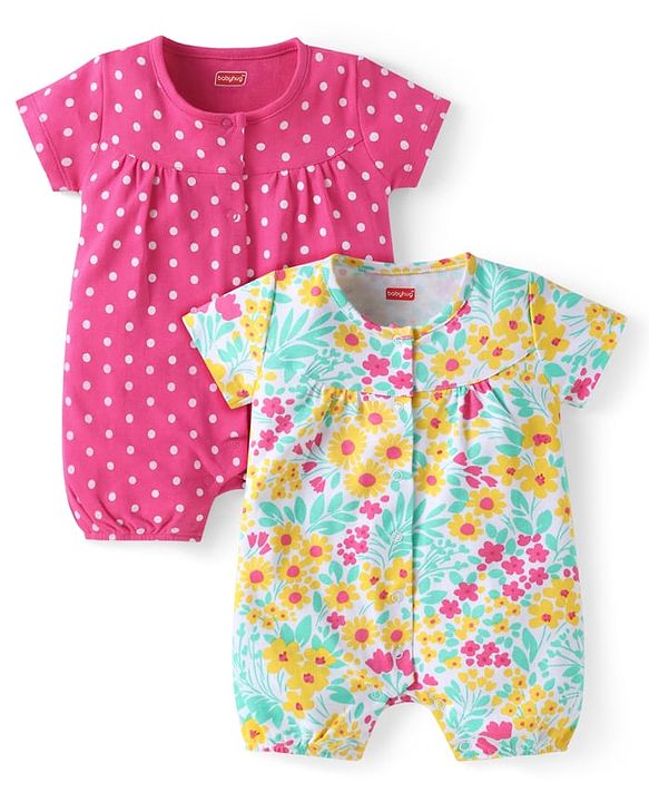 Babyhug Interlock Knit Half Sleeves Rompers With Floral & Polka Dot Print Pack of 2 - Dark Pink & White