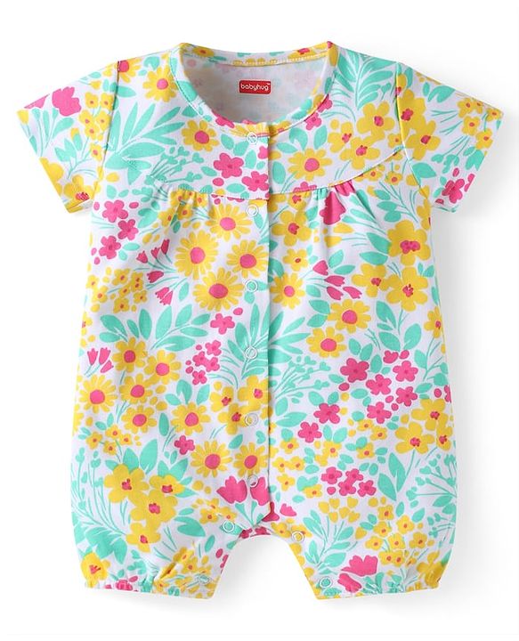 Babyhug Interlock Knit Half Sleeves Rompers With Floral & Polka Dot Print Pack of 2 - Dark Pink & White