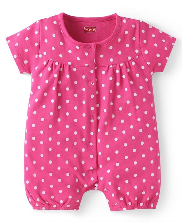 Babyhug Interlock Knit Half Sleeves Rompers With Floral & Polka Dot Print Pack of 2 - Dark Pink & White