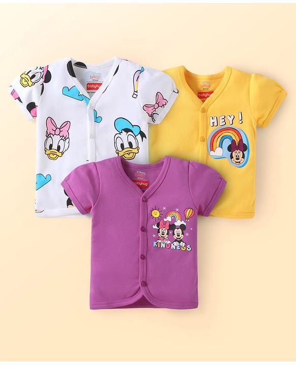 Babyhug Disney Interlock Knit Half Sleeves Jhablas With Minnie & Friends Graphics Pack of 3 - Purple White & Yellow