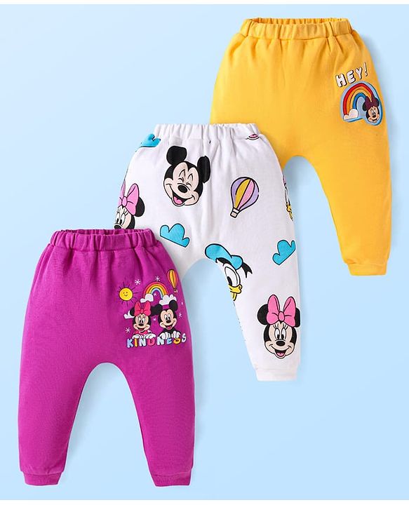 Babyhug Disney Interlock Knit Full Length Diaper Leggings with Minnie & Friends Graphics Pack of 3 - Dark Pink White Yellow
