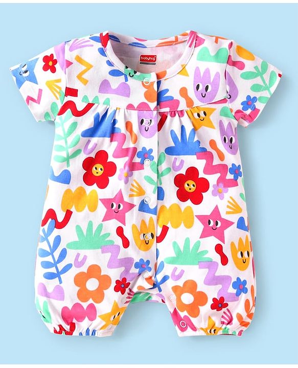 Babyhug 100% Cotton Knit Half Sleeves Rompers With Floral Print Pack of 2 - Red & White