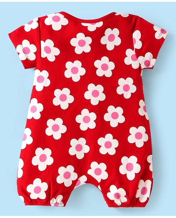 Babyhug 100% Cotton Knit Half Sleeves Rompers With Floral Print Pack of 2 - Red & White