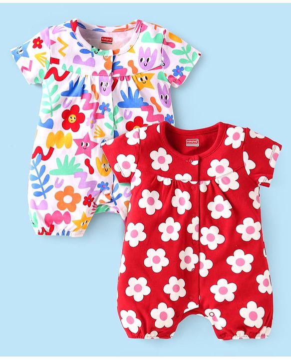 Babyhug 100% Cotton Knit Half Sleeves Rompers With Floral Print Pack of 2 - Red & White