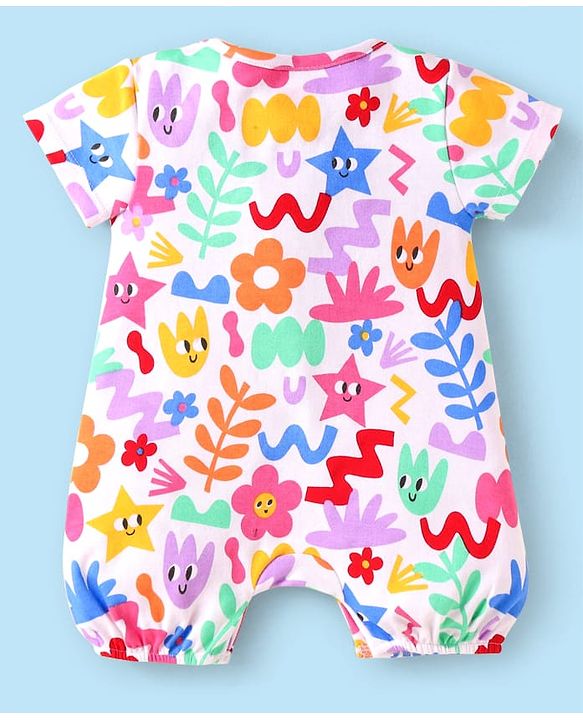 Babyhug 100% Cotton Knit Half Sleeves Rompers With Floral Print Pack of 2 - Red & White
