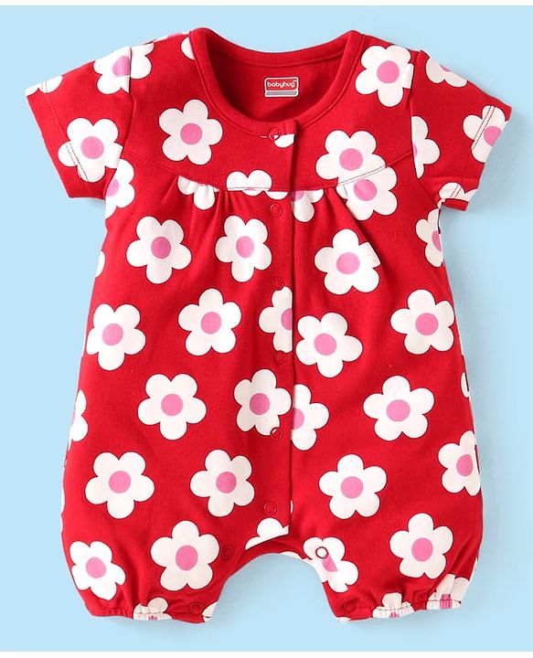 Babyhug 100% Cotton Knit Half Sleeves Rompers With Floral Print Pack of 2 - Red & White